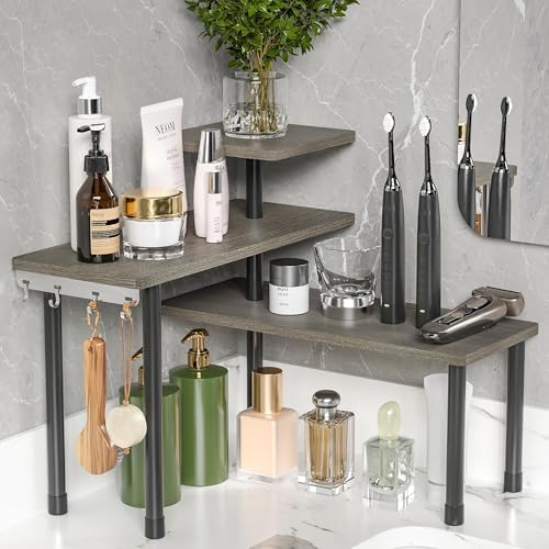 ZHWS Kitchen Countertop Organizer, Bathroom Counter Organizer, Adjustable 3 Tier Corner Shelf with 4 Metal Hooks for Counter Organize, Spice Rack, Makeups, Coffee Station Bookshelf (Rustic Grey) - Image 4