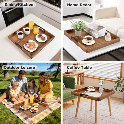 Large Ottoman Tray for Living Room and Coffee Table, Decorative Acacia Wood Serving Tray with Metal Handles for Breakfast in Bed, Dinner Food Kitchen TV (Natural, 17" x 17" x 2") - Image 6