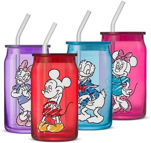 JoyJolt Disney Mickey Mouse and Friends Color Sketch Glass Tumblers with Lids and Straws, 16oz Glass Cups with Lids and Straws, Can Shaped Drinking Glasses Set of 4, Disney Gifts for Adults by JoyJolt