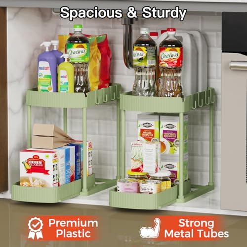 2 Packs Under Sink Pull-Out Storage Organizers, 14.8 Inches, Green - Image 3