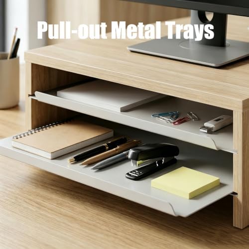 Fenge 14.3-Inch Monitor Stand with Slide-Out Trays, Wood & Metal Desk Shelf - Image 4
