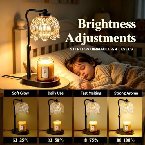 Briever Flower Candle Warmer Lamp, Adjustable Height Electric Candle Lamp with Timer & Dimmer, Wooden Base Wax Warmer, Christmas Birthday Housewarming Gifts for Women Mom, Black Wood-Clear - Image 3