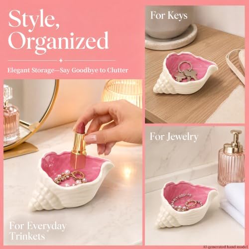Pink Conch Shell Jewelry Dish Ceramic Ring Tray, Coastal Trinket Tray Decorative Jewelry Holder for Rings Earrings, Vanity Bathroom Dresser Decor Accent, Aesthetic Beach Style Room Decor - Image 5