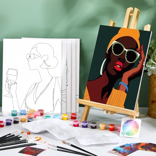 Dinifee 6 Pack Pre Drawn Canvas for Painting Pre Printed Canvas Kit 8 x 10 Inch Stretched Cotton Paint and Sip Set for Adults Couple Party Graduation Summer Date Night(Artistic Women) - Image 2