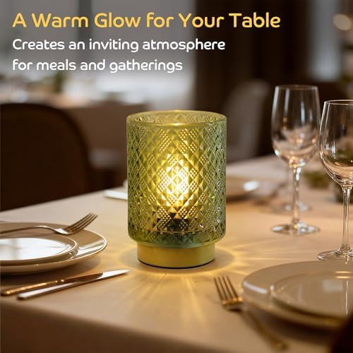 LUSHARBOR Battery Operated Lamp with Timer, Small Table Lamp for Shelf Decor, Glass Cordless Lamps Bedside Cozy Light for Living Room/Coffee Table/Entryway Diamond Design-Green - Image 2