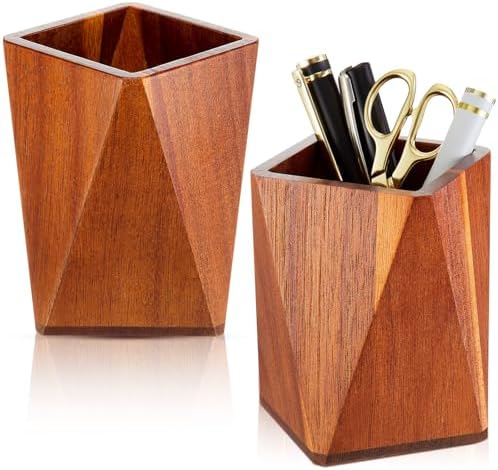 Henoyso 2 Pcs Acacia Wood Geometric Pen Holder Pencil Cup Office Desk by Henoyso