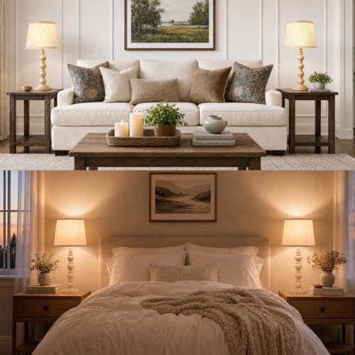 Farmhouse Table Lamps Set of 2, 21" Vintage Nightstand Desk Lamps with Linen Shades, Rustic Resin Bedside Lamps for Bedroom, Living Room, Office, Includes LED Bulbs with 3 light settings, Beige - Image 6