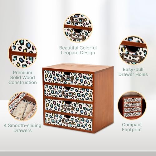Colorful Leopard Print Wooden Desk Organizer - 4-Drawer Desktop Storage Cabinet for Office Supplies, Craft Tools & Home Organization - Trendy Wood Design for Crafters, Art Enthusiasts, Students - Image 4