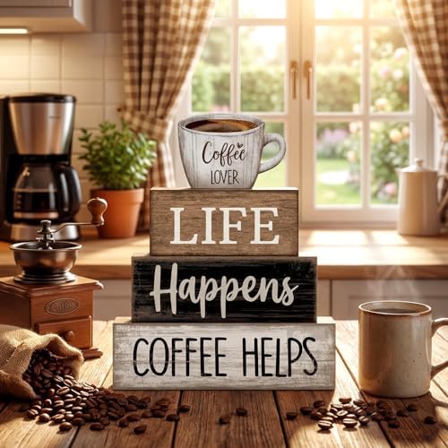 Moucuny 4 Pcs Wooden Coffee Bar Signs Farmhouse Table Decor Blocks - Image 2