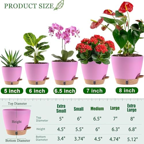 Self Watering Pots for Inoor Ourdoor Plants 8/7/6.5/6/5 Inch, 5 Pack - Image 7