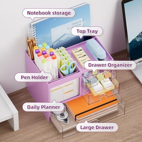 Marbrasse Desk Organizer with 3 Drawer, Multi-Functional Pencil Pen Holder, Desk Organizers and Accessories with 4 Compartments,Desktop Organizer Storage for Office Home Art Supplies (Purple) - Image 2
