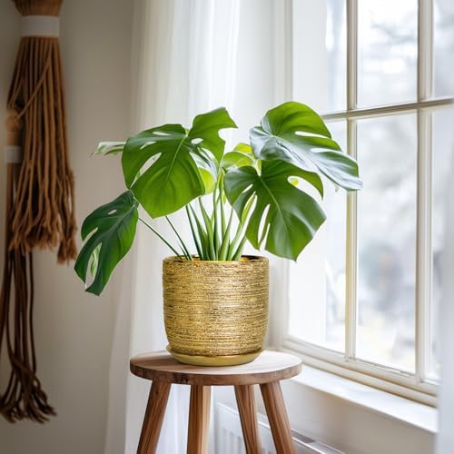 Ceramic Plant Pot 7 Inch - Ceramic Planter for Indoor Outdoor Plants, Round Modern Flower Pot with Drainage Hole and Saucer, Housewarming Gifts, House Patio Office Home Decor, Gold - Image 6