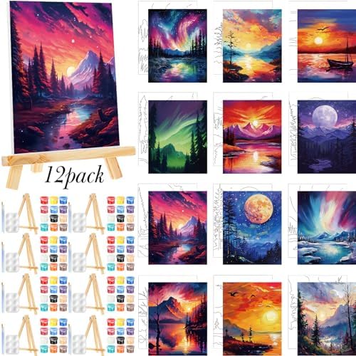 Zhanmai 72 Pcs 12 Sets Sip and Paint Kit Pre Drawn Canvas for Painting 8" x 10" Paint Party Canvas Painting Pre Printed Canvases for Party DIY Virtual Adult's Date Night(Astronomical Landscape) by Zhanmai