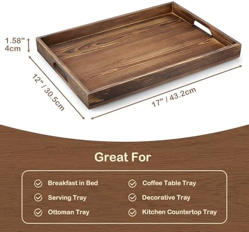 17 Inch Burnt Wood Serving Tray with Handles - Large Wooden Tray for Ottoman, Breakfast in Bed, Dinner, Coffee Table - Decorative Brown Rectangular Tray for Living Room Entryway and Kitchen Decor - Image 3