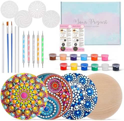 Beeplove Relaxing Crafts for Adults - Gifts for Women Mom Daughter Sister Friend Co-Worker, Beginner Friendly Mandala Rock Painting Kit with Stencils Dotting Tools by Beeplove