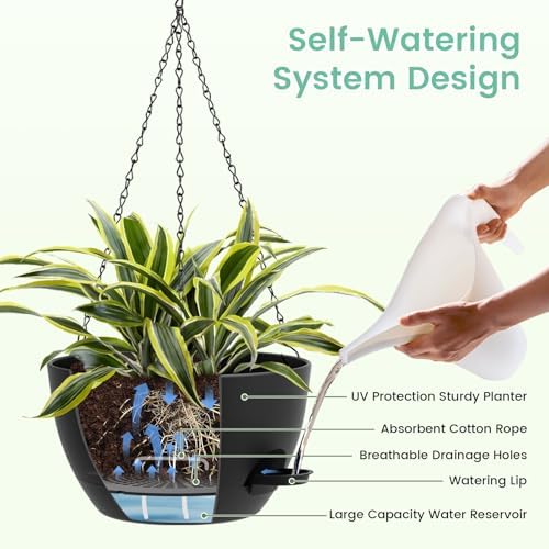 UOUZ Set of 3-10 Inch Self Watering Hanging Planters for Indoor & Outdoor，Hanging Plant Pots with Drainage & Removable Tray, Hanging Pots Holder for Ivy, Spider Plants, Ferns, Balcony & Patio, Black - Image 4