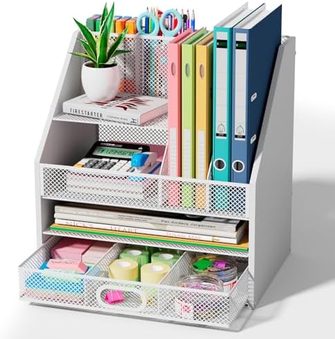 Homsorout Wooden Desk Organizer - Mesh File Organizer with Drawers and Pen Holder - 4-Tier Vertical Paper Letter Storage Tray, Desktop Organizers and Accessories for Home Office （White by Homsorout