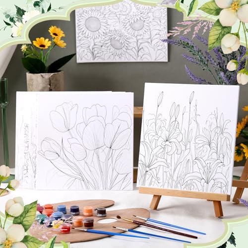 Affrolling 12 Pcs Pre Drawn Canvas for Painting for Adults 8 x 8 Inch Canvas Painting Kits Stretched with Drawing Ready to Paint Beginner Artists Date Night Party Supplies(Flower) - Image 4