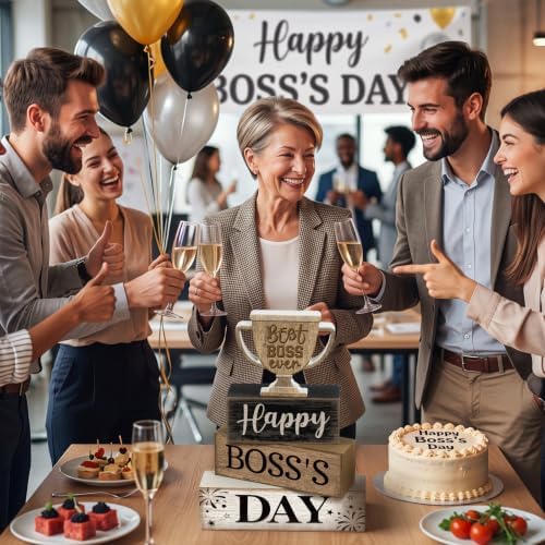 Moucuny 4 Pcs Boss Day Table Decorations Rustic Trophy Wooden Blocks Decor - Image 4