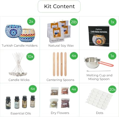 Candle Making Kit for Adults – DIY Candle Making Set with Natural Soy Wax, Wicks, Essential Oils, Dried Flowers & 2 Turkish Mosaic Glass Jars – Makes 2 Candles – Arts & Crafts Gift for Women - Image 2