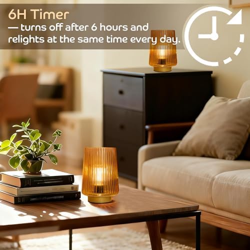 Battery Operated Lamp with Timer, Set of 2 Small Cozy Table Lamp Decorative Ambient Glass Lamp for Bedside & Home Decor, Aesthetic Cordless Battery Powered Accent Lamp for Living Room Shelf, Amber - Image 3