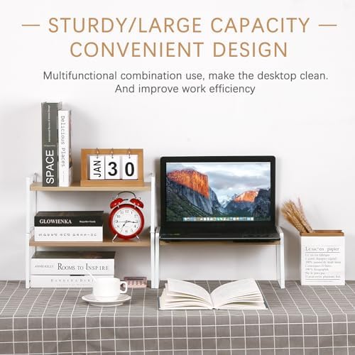 YGYQZ Desk Shelf Organizer for Top of Desk, 3-Tier Desktop Bookshelf, White & Wood - Image 4