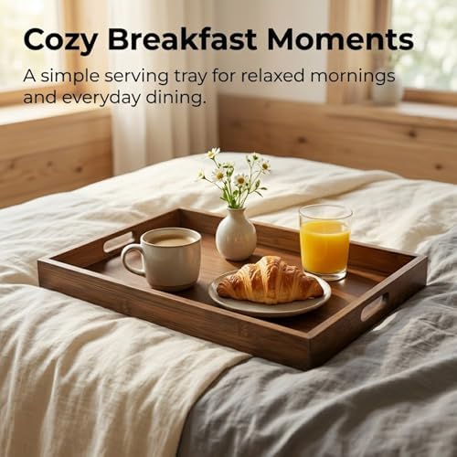 Acacia Wood Serving Tray with Handles, 17"x12" Large Rectangular Decorative Wooden Tray, Coffee Table Tray for Breakfast, Drinks, Snacks in Bed, Decorative Wooden Tray for Home - Image 3