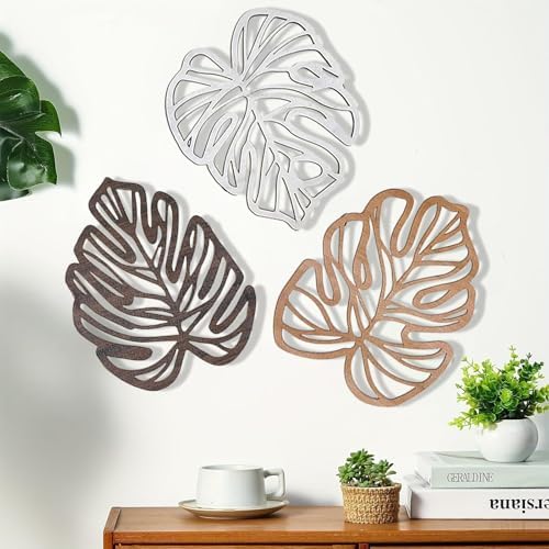 Palm Leaves Wood Wall Decor , 3Pcs Tropical Wall Art Jungle Decor, Wooden Natural Leaves Plant Wall Decor, Vintage Tropical Plant Plaque for Home Living Room Kitchen Bedroom Bathroom & Garden, Vintage Brown - Image 3