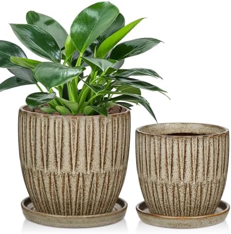 Oairse Ceramic Pots for Indoor Plants, 4.7 +5.7 inch Pots for Plants Set of 2 Brown Plant Pots with Drainage Holes and Saucers Texture Ceramic Planters Indoor Outdoor Flower Pot for Succulent by Oairse