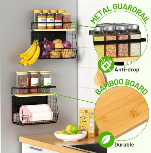 Ofiray-home Magnetic Shelf for Fridge with Wood Lid, Fruit Potato and Onion Storage Bins, Pantry Organizers & Storage, Large Container Magnetic Spice Rack for Refrigerator, Kitchen Counter (Black, 1) - Image 3