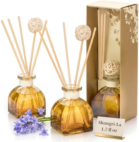 2PCS Shangri-La Reed Diffuser Set,1.7 fl oz Glass Bottles, 5 Rattan Sticks & Rattan Ball, Plant-Based Non-Toxic Essential Oil, Exotic Long-Lasting Home Fragrance for Meditation Room Bedroom by WOHSEROM