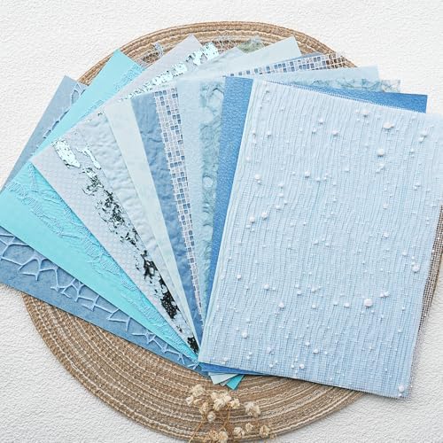 15-Piece Textured Scrapbook Paper & Mesh Fabric Set, Blue A5 Sheets - Image 2