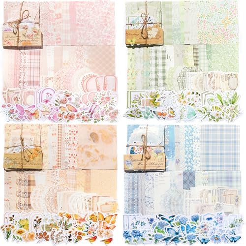 400 Pcs Floral Scrapbook Paper & Stickers, 4 Packs Scrapbook Supplies Kit, Junk Journal Scrapbooking Paper for Journaling, Scrapbooking Embellishments, Planner, Card Making by Flartmo