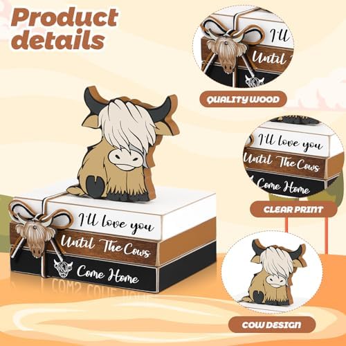 Yookeer 4 Pcs Highland Cow Tiered Tray Decor Mini Wooden Book Stacks - Image 4