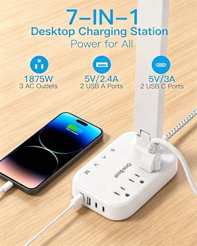 LED Desk Lamp, 10Ft Power Strip with 3 Outlets 4 USB Ports(2 USB C), White - Image 3