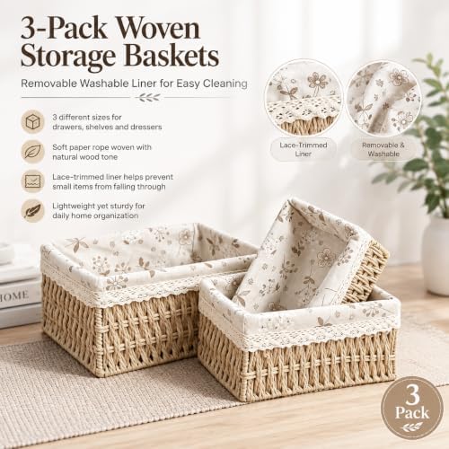 Small Wicker Basket with Liner for Counter, Woven Storage basket Set of 3 - Image 3