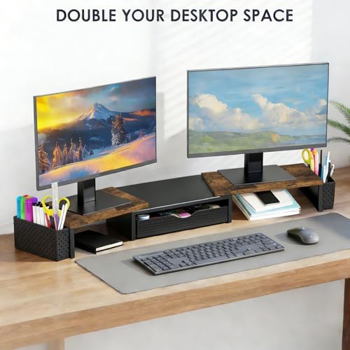 Spacrea Wood Dual Monitor Stand Riser with Drawer and 2 Pen Holders - Image 4