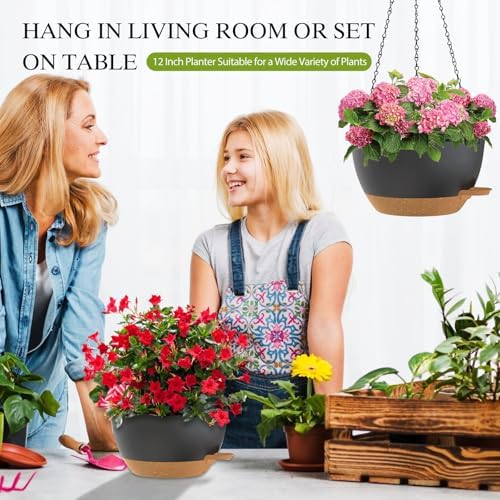 12 Inch Hanging Baskets 2 PC with Chains, Self-Watering Hanging Planters for Indoor Outdoor Plants, Plastic Hanging Flower Pots,Black Brown - Image 6