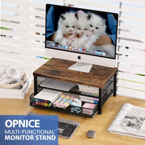 OPNICE Computer Monitor Stand Riser, Desk Organizer with Drawer, Printer & Laptop Stand, Office Desk Accessories & Workspace Desktop Organizers Storage for Office Supplies(Brown) - Image 2