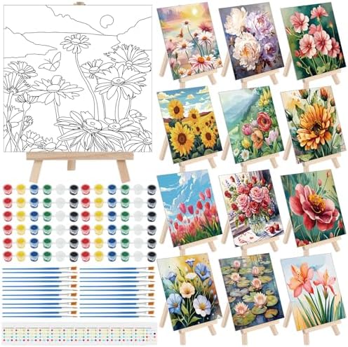 Tenceur 12 Sets Pre Drawn Canvas to Paint Adult Stretched Coloring Painting Canvas Panels with Design Easel and Brushes for Party Supplies Beginner Favor(Flower) by Tenceur