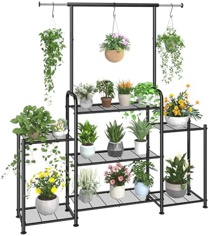 Simple Trending Plant Stand Indoor Outdoor, Metal 3 Tier Tall Hanging Plant Shelf for Multiple Flower Planter Large Heavy Duty Ladder Plant Holder for Garden, Black by SimpleTrending