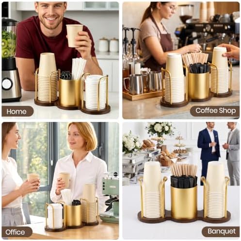 Coffee Cup Dispenser with Straw & Stirrer Storage Container (Gold,S) - Image 3