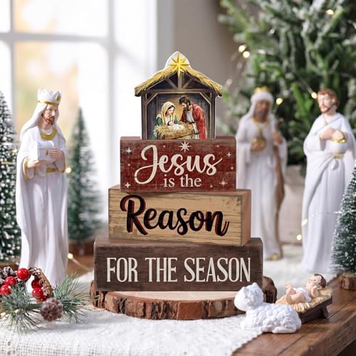 Moucuny 4 Pcs Christmas Table Decor Christian Nativity Scene Wooden Blocks - Image 2
