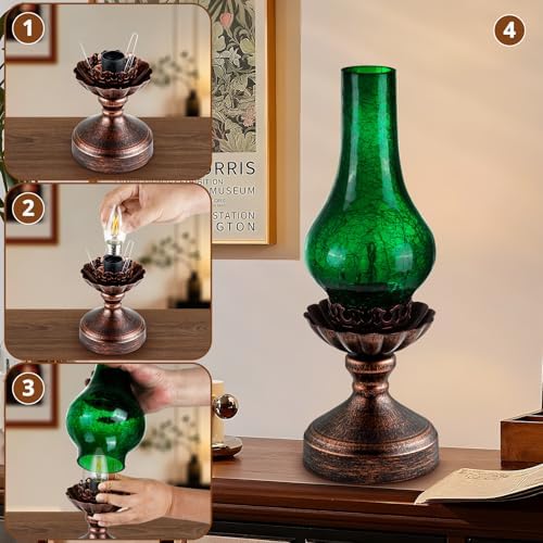 Vintage Table Lamp with Green Crackle Glass Shade,Touch Control & 3-Way Dimmable Rustic Retro Farmhouse Bedside Lamp for Bedroom, Living Room, Cabin, Office (2700K LED Candle Bulb Included) - Image 7