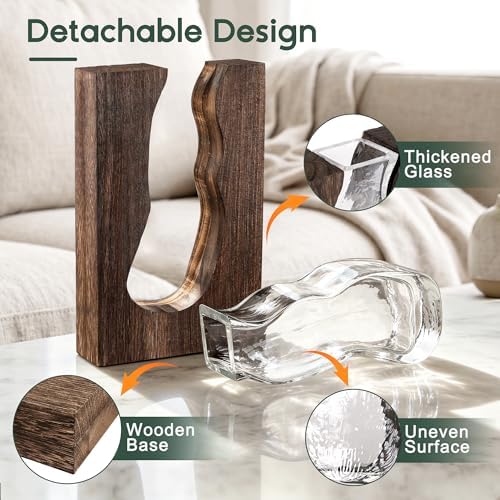 Wood and Glass Inlay Vases Farmhouse Wooden Glass Flower Vase Solid Wood Glass Vase Home Decor Vases for Centerpiece (9.44 Inches) - Image 5
