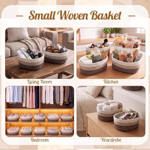 10 Pack Small Woven Baskets, Cotton Rope, White, Natural Linen - Image 6