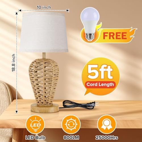 19" Boho Table Lamp with 100% Hand Woven Rattan Body & Wood Grain Finish - Image 5