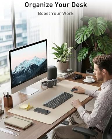 Aothia Faux Leather Desk Mat - Non-Slip PU Leather Desk Blotter, Waterproof Writing Surface, Large Desk Pad for Office & Home (Eggshell, 55" x 24") - Image 3