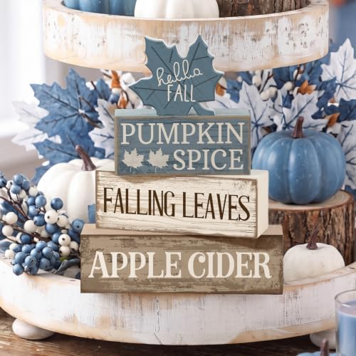 Moucuny 4 Pcs Fall Table Decoration Rustic Blue Maple Leaf Wooden Blocks - Image 2
