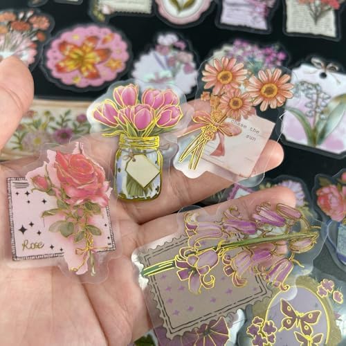 50 PCS Gold Stamp Stickers for Scrapbooking Journaling Junk Journal Scrapbook Supplies - Waterproof Transparent PET Aesthetic Decals for Resin Crafts Decorative Art Crafts (Gold Stamp) - Image 3